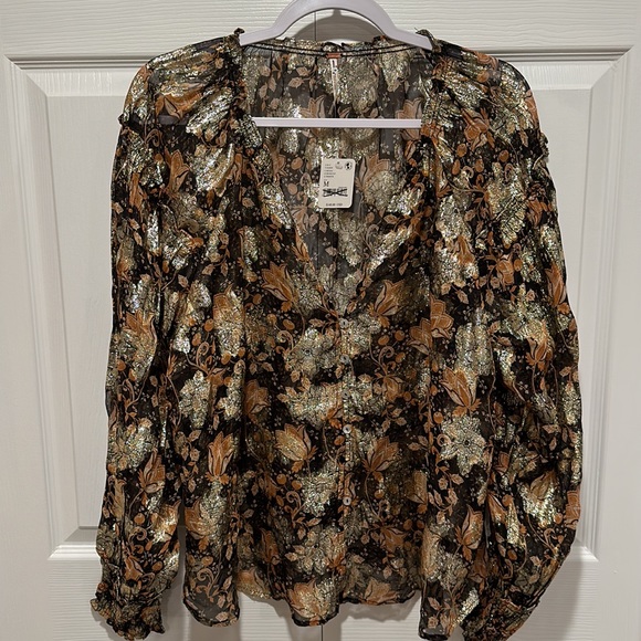 Free People Scorpio Long Sleeve Metallic Floral Sheer Blouse NWOT - - Picture 3 of 6